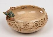 MARGUERITE MAHOOD pierced pottery bowl with scrolling decoration and applied dragon, incised "Marguerite Mahood", 5cm high, 11cm wide - 9