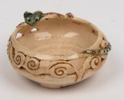 MARGUERITE MAHOOD pierced pottery bowl with scrolling decoration and applied dragon, incised "Marguerite Mahood", 5cm high, 11cm wide - 10