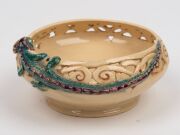 MARGUERITE MAHOOD pierced pottery bowl with applied green and purple dragon, incised "Marguerite Mahood", 6cm high, 13.5cm wide - 6