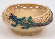 MARGUERITE MAHOOD pierced pottery bowl with applied green and purple dragon, incised "Marguerite Mahood", 6cm high, 13.5cm wide - 7