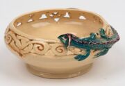 MARGUERITE MAHOOD pierced pottery bowl with applied green and purple dragon, incised "Marguerite Mahood", 6cm high, 13.5cm wide - 8