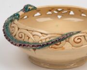 MARGUERITE MAHOOD pierced pottery bowl with applied green and purple dragon, incised "Marguerite Mahood", 6cm high, 13.5cm wide - 11
