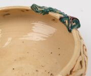 MARGUERITE MAHOOD pierced pottery bowl with applied green and purple dragon, incised "Marguerite Mahood", 6cm high, 13.5cm wide - 12