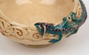 MARGUERITE MAHOOD pierced pottery bowl with applied green and purple dragon, incised "Marguerite Mahood", 6cm high, 13.5cm wide - 13