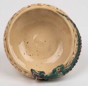 MARGUERITE MAHOOD pierced pottery bowl with applied green and purple dragon, incised "Marguerite Mahood", 6cm high, 13.5cm wide - 14