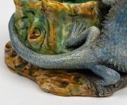 CASTLE HARRIS rare pottery tree stump vase with applied bearded dragon lizard, incised "Castle Harris", 19cm high, 28cm wide - 11