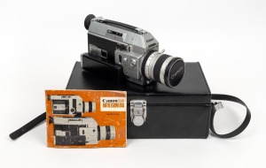CANON: Auto Zoom 814 Super-8 movie camera with Canon C-8 7.5-60mm lens, lens cap, instruction booklet, and Canon leather case, c. 1972.