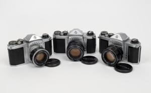 ASAHI KOGAKU: Group of three cameras with Pentax lens caps - one Pentax S1 with Auto-Takumar 55mm f2.2 lens, one Pentax S3 with Auto-Takumar 55mm f1.8 lens, and one Pentax S1a with Super-Takumar 55mm f2 lens. (3 items)