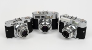 VOIGTL&Auml;NDER: Group of three cameras - one Vito B with Color-Skopar 50mm f2.8 lens and Prontor-SVS shutter, one Vitomatic IIa with Color-Skopar 50mm f2.8 lens and Prontor SLK-V shutter, and one Vito BL with Color-Skopar 50mm f3.5 lens, Prontor-SVS shutter,