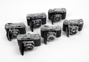 KODAK: An impressive collection of six Retina 35mm folding cameras - one Retina II (142) with Retina-Xenon 50mm f2.8 lens, one Retina II (011) with Retina-Heligon 50mm f2 lens, one Retina Ia (015) with Retina-Xenar 50mm f3.5 lens, one Retina IIa (016) wit