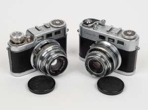 VOSS: Group of two cameras with Diax lens caps - one Diax IIa with Schneider-Kreuznach Xenon 50mm f2 lens, together with one Diax IIb with Schneider-Kreuznach Xenar 50mm f2.8 lens. (2 items)