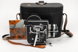 BOLEX-PAILLARD: H8 Reflex double-8 movie camera [#231404] with Macro-Switar 36mm f1.4/Macro-Switar 12.5mm f1.3/Switar 5.5mm f1.6 lenses, all three Kern Paillard lens caps, instruction booklet, and Bolex-Paillard leather case, c. 1960.