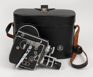 BOLEX-PAILLARD: H16 Reflex 16mm movie camera [#187367] with Switar H16 RX 16mm f1.8/Switar H16 RX 25mm f1.4/Yvar AR 75mm f2.8 lenses, all three Kern Paillard lens caps, and Bolex-Paillard leather case, c. 1950s.