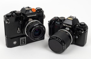 NIPPON KOGAKU: Group of two cameras - one Nikon F-301 with Zoom-Nikkor 43-86mm f3.5 lens and lens cap, together with one Nikkormat EL with Nikkor 35mm f2.8 lens and Nikon AW-1 Auto Winder. (2 items)