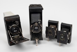 KODAK: Group of four folding cameras - one Vest Pocket Autographic, one Vest Pocket Autographic Special, one No. 1 Autographic Kodak Special Model A, and one No. 1A Pocket Kodak Series II. (4 items)