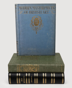 Group lot of three books comprising 19th century translation 'The History of Don Quixote by Cervantes', re-bound and having suffered fire damage, edited by J. W. Clark and illustrated by Gustave Dor&eacute;, c. 1930s 'Modern Masterpieces of British Art' [The Ama