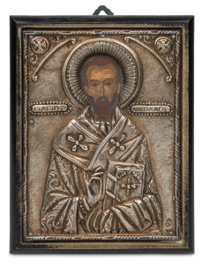 A vintage Greek icon with 925 silver top, 20th century, 23 x 17cm overall.