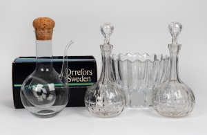 ORREFORS Swedish glass chilled wine carafe in box; together with an ORREFORS Swedish crystal fruit bowl and a pair of antique glass decanters (damaged stoppers), (4 items), the decanters 29cm high