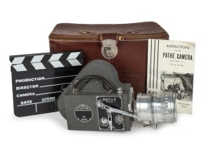 PATH&Eacute;: Super 16 16mm movie camera [#8335], c. 1950s, with Som Berthiot Pan Cinor 20-60mm f2.8 lens [#1100748] and metal lens cap. Presented in leather case with shutter release, clap board, several film negatives, plus ephemera.