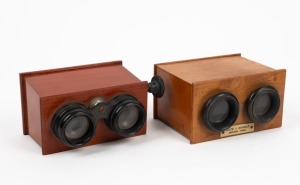 VARIOUS MANUFACTURERS: Two c. 1880s handheld stereoscopes - one 13.5 x 12 x 7.5cm model marked 'Lutz y Schulz Buenos Aires', and one 15.5 x 10 x 8cm variable-focus model marked 'Ica Dresden'. (2 items)