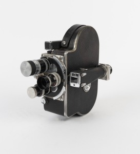 BOLEX-PAILLARD: H8-type double-8 movie camera, c. 1950s, with Yvar 36mm f2.8/Yvar 25mm f2.5/Switar 13mm f0.9 lenses, two lens caps, two lens hoods, and viewfinder attachment.