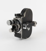 BOLEX-PAILLARD: H8-type double-8 movie camera, c. 1950s, with Yvar 36mm f2.8/Yvar 25mm f2.5/Switar 13mm f0.9 lenses, two lens caps, two lens hoods, and viewfinder attachment.