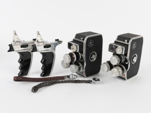 BOLEX-PAILLARD: Two c. 1958 double-8 movie cameras, both with pistol-grip attachment, wrist strap, and all lens caps present. (2 movie cameras)