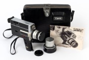 CANON: Auto Zoom 518 SV Super-8 movie camera, c. 1970s, in maker's case with additional lens, three lens caps, and instruction booklet.