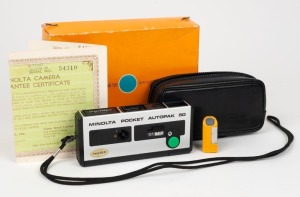 MINOLTA: Pocket Autopak 50 miniature camera, c. 1973, in maker's box with warranty card and leather case.