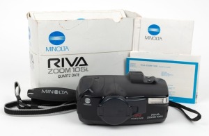 MINOLTA: Riva Zoom 105i Quartz Date compact camera, c. 1990, in maker's box with lens cap, battery pack, wrist strap, and printed matter.