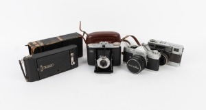VARIOUS MANUFACTURERS: Group of four cameras - one Fujica Auto-M, one Kodak No. 1A Pocket in maker's box, one Minolta SR-1 with front lens cap, and one Zeiss Ikon Nettar 517/16 in matching leather case. (4 cameras)