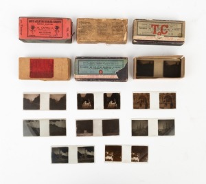Group of sixty-eight boxed c. 1910s 10.5 x 4.5cm stereo glass slides, likely for Verascope, featuring street views of French parades, fountains, gardens, and others. (68 items)