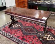 An early Colonial Australian cedar sofa table with lyre ends and turned stretcher base, New South Wales origin, circa 1840, 75cm high, 153cm wide, 65cm deep - 4
