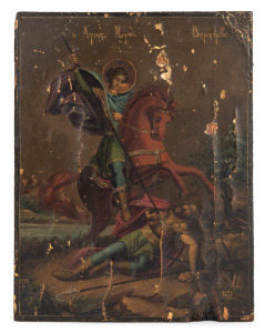 A 1923 Greek icon depicting Saint Demetrios of Thessalonica on horseback, spearing Tsar Kaloyan of Bulgaria at the conclusion of his siege of Thessalonica; hand-painted on wooden panel, 35 x 27.5cm.