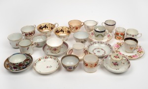 Assorted antique English porcelain teacups, saucers and tea bowls, including Flight Worcester, Derby and others, mixed condition, (28 items)