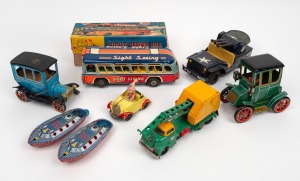 Eight assorted vintage tinplate and diecast toys, (one boxed)