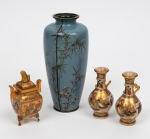An antique Japanese cloisonne vase with bamboo decoration on grey ground, together with three antique Japanese Satsuma miniature vases, A/F, (4 items), the cloisonne 18cm high.