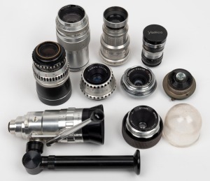 VARIOUS MANUFACTURERS: Group of nine lenses from brands such as Meyer-G&ouml;rlitz, Schneider-Kreuznach, Som Berthiot, and Yashica. (9 items)