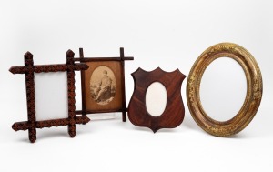 Four assorted antique and vintage picture frames, including Australian cedar, oak and giltwood, one example housing an attractive portrait photo of a gentleman and his dog, the largest 29 x 24cm overall