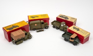 W. BRITAIN four vintage boxed army trucks and ambulance: I.) BRITISH ARMY COVERED TENDER (with driver), Caterpillar Type, II.) BEETLE LORRY, III.) ARMY LORRY (with driver), IV.) ARMY AMBULANCE