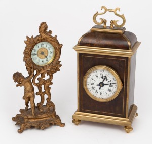 An antique French brown tortoiseshell and brass moulded miniature table clock with eight day time and gong striking movement with platform lever escapement; together with an American Ansonia time only cherub figural timepiece, (2 items), the larger 24cm including handle.