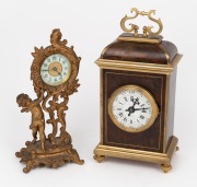 An antique French brown tortoiseshell and brass moulded miniature table clock with eight day time and gong striking movement with platform lever escapement; together with an American Ansonia time only cherub figural timepiece, (2 items), the larger 24cm i