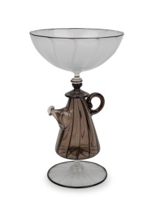 RICHARD (DICK) MARQUIS exceptional American art glass centrepiece with teapot stem in fine black and white latticino, engraved "...Marquis, Melbourne, 1994", 21.5cm high