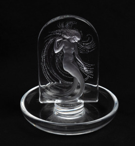 LALIQUE French glass ring tray with siren decoration, engraved "Lalique, France", 10cm high