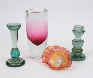 A red sommerso glass vase; together with a RICHARD CLEMENTS Australian art glass floral ornament and two glass candlesticks, (4 items), the largest 21cm high