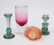 A red sommerso glass vase; together with a RICHARD CLEMENTS Australian art glass floral ornament and two glass candlesticks, (4 items), the largest 21cm high