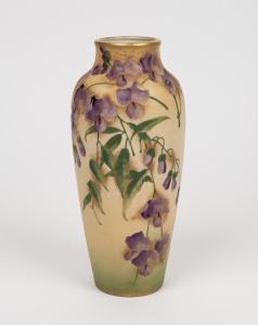 AMPHORA Czechoslovakian porcelain vase with sweet pea decoration, circa 1925, red oval factory mark to base, ​​​​​​​24cm high.