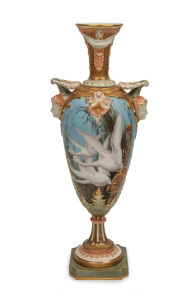 ROYAL WORCESTER antique English porcelain vase with hand-painted flying swan decoration by BALDWIN, puce factory mark to base, ​​​​​​​27.5cm high.