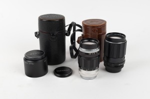 ASAHI KOGAKU: Two lenses - one screw-mount Takumar 135mm f3.5 with Takumar front and rear lens caps and Asahi Kogaku leather case, together with one M42 SMC Takumar 135mm f3.5 with Takumar lens hood, Pentax front and rear lens caps, and Takumar leather ca