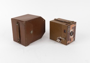 KODAK: Two-tone brown and tan Beau Brownie No. 2 120 film camera with leather case, c. 1930.